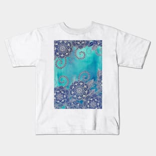 Mermaid's Garden - Navy & Teal Floral on Watercolor Kids T-Shirt